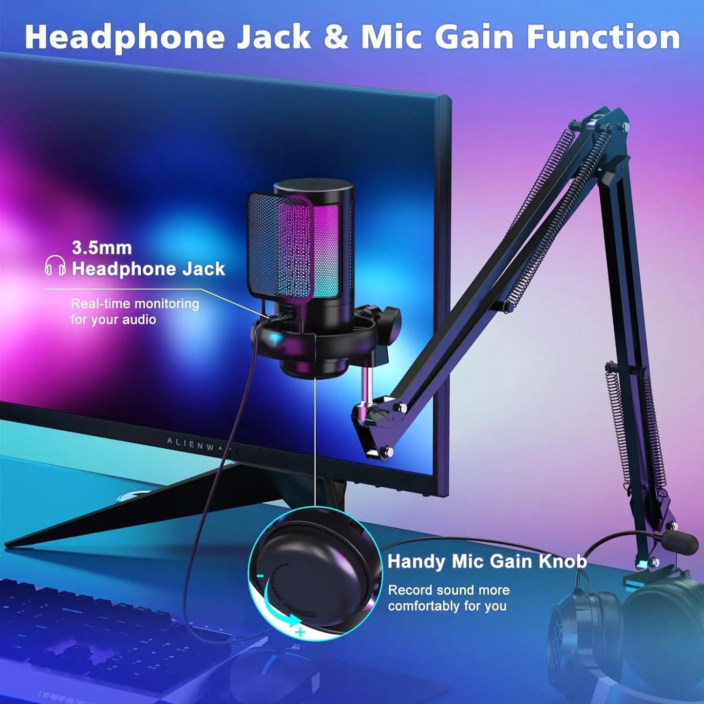 Brand New Cheap Cardioid RGB USB Gaming Microphone With Desktop Arm Stand Kit for PC Computer Recording Podcast