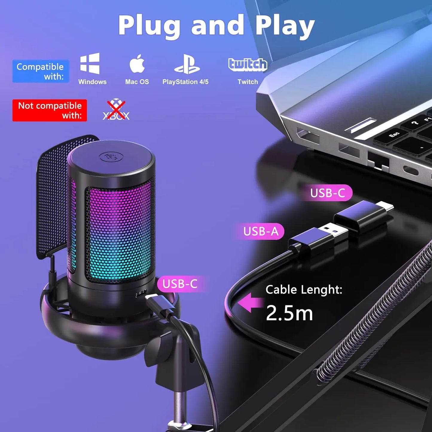 Brand New Cheap Cardioid RGB USB Gaming Microphone With Desktop Arm Stand Kit for PC Computer Recording Podcast